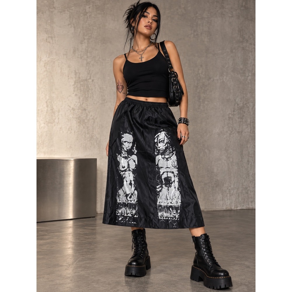 Dilemma Graphic Print Midi Skirt Black Womens S Elastic Waist